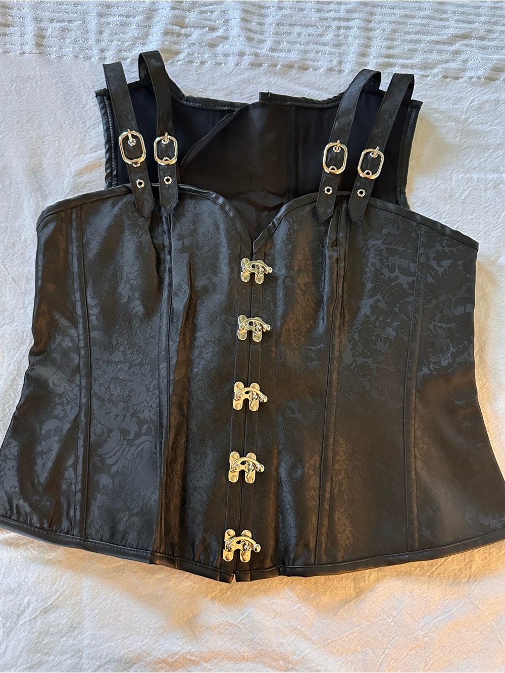 Black 2X Brocade Hook-Front Corset Top Tie Back Buckle Straps New